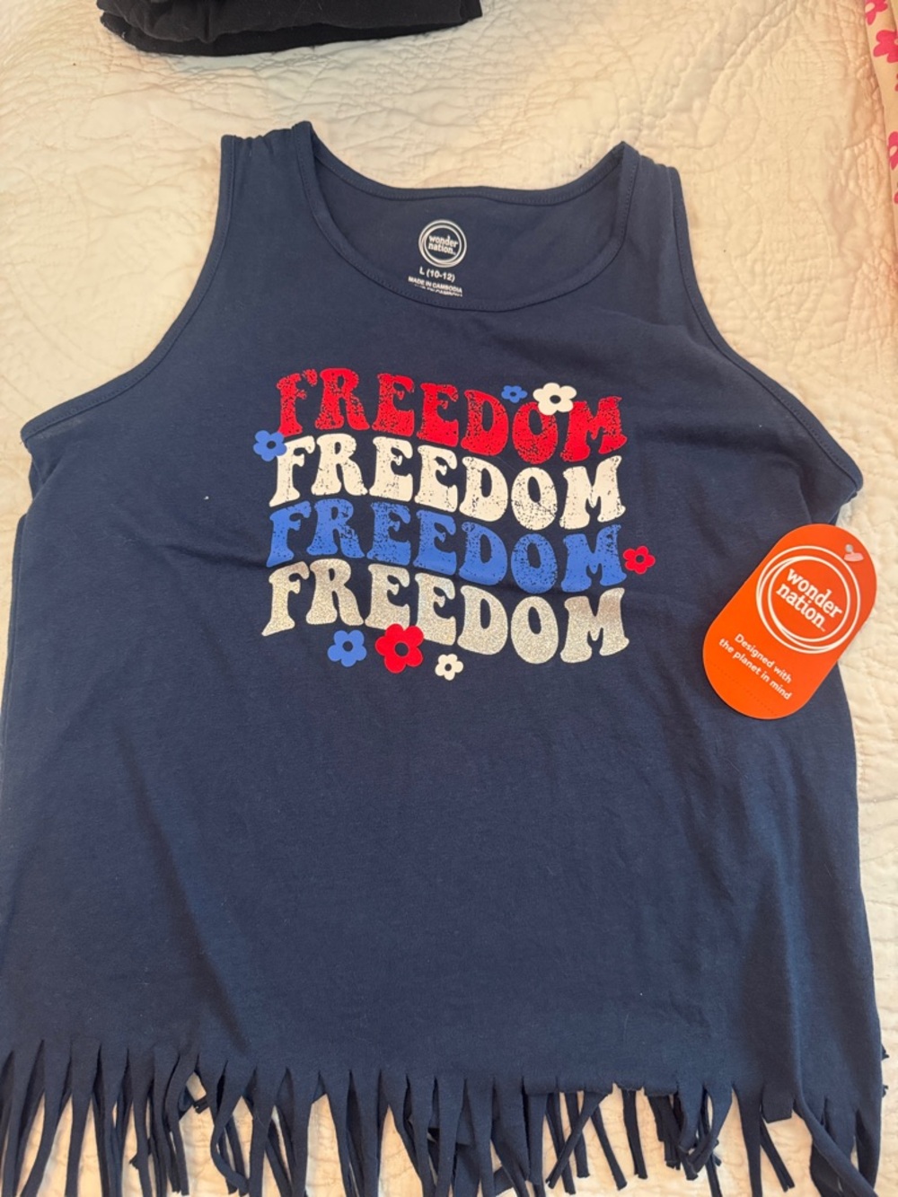 wonder nation Navy Tank Top with Red White Blue "FREEDOM" Graphic